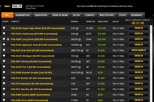 Play Fantasy Golf Daily Style - Choose Your Contest (Lobby of DraftKings)