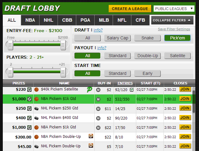 Easily Filter The DraftStreet Lobby To Find Pick'Em Games