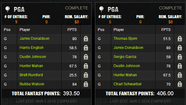 My Two Line-Ups I Entered Into Multiple Contests
