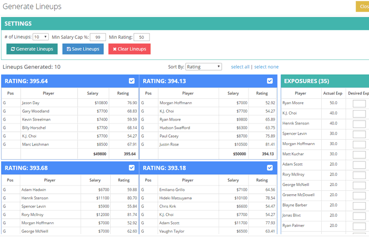 See your exposure to certain players and create multiple lineups with a click of the button.