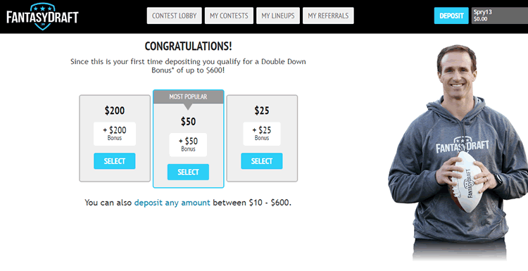 Get a 100% deposit bonus at FantasyDraft