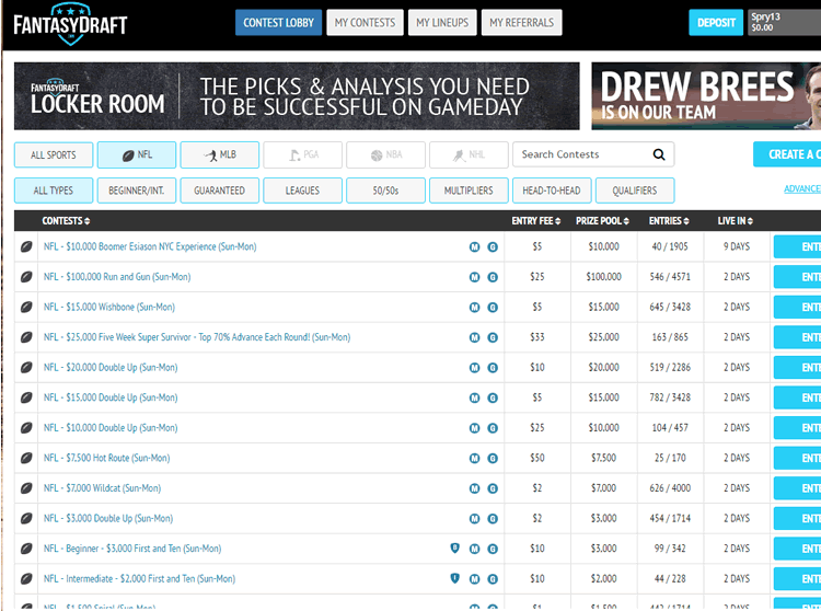 FantasyDraft lobby