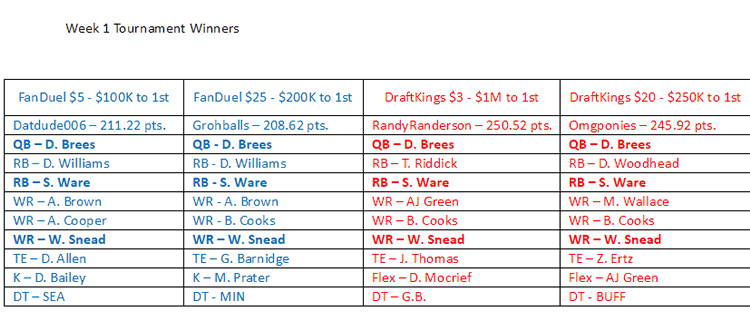 List of winners and the lineups from Fanduel and Draftkings Week 1